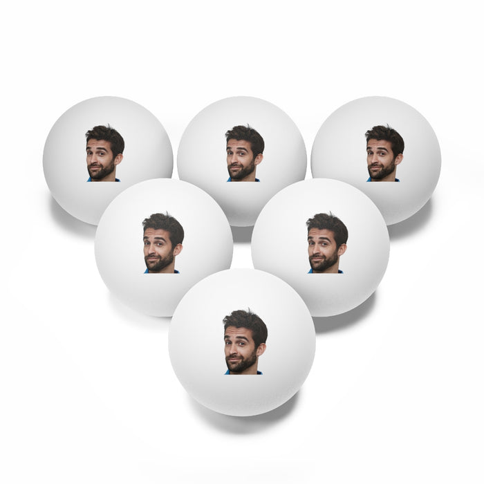 six ping pong balls with a picture of a man's facea bunch of white balls with a man's face on themPing Pong Sport Gifts, Custom Personalized Ping Pong ball, Ping Pong Gift, Beer Pong Gift, Photo on Ping Pong Ball, Multi Pyramid View, White