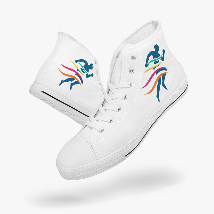 a pair of white shoes with colorful designs on them