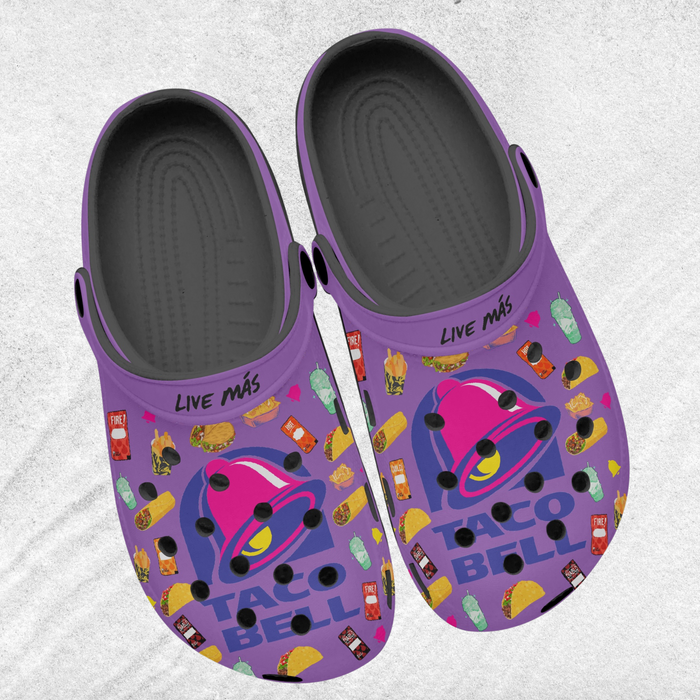 a pair of purple clogs with cartoon characters on them