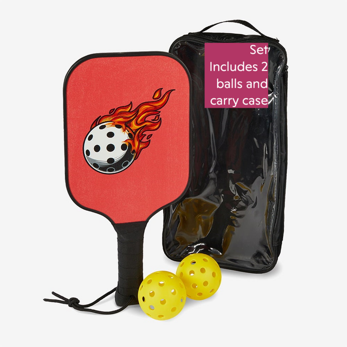 a red paddle and two yellow balls in front of a black casePickleball Sport Gifts, Custom Personalized Pickleball Paddles, Photo on Pickleball Paddle,  Set View